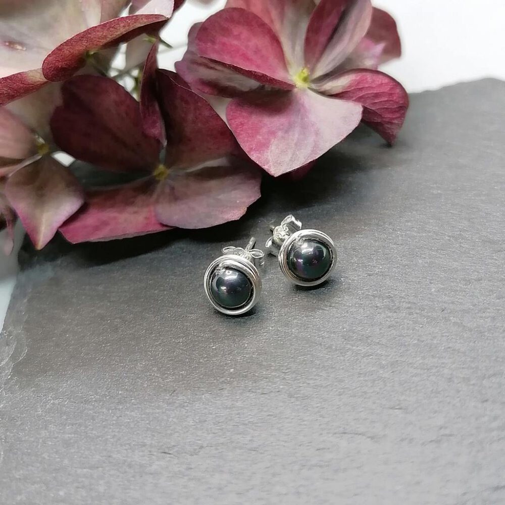 Ohrstecker grau-violette Perlen 935 Silber