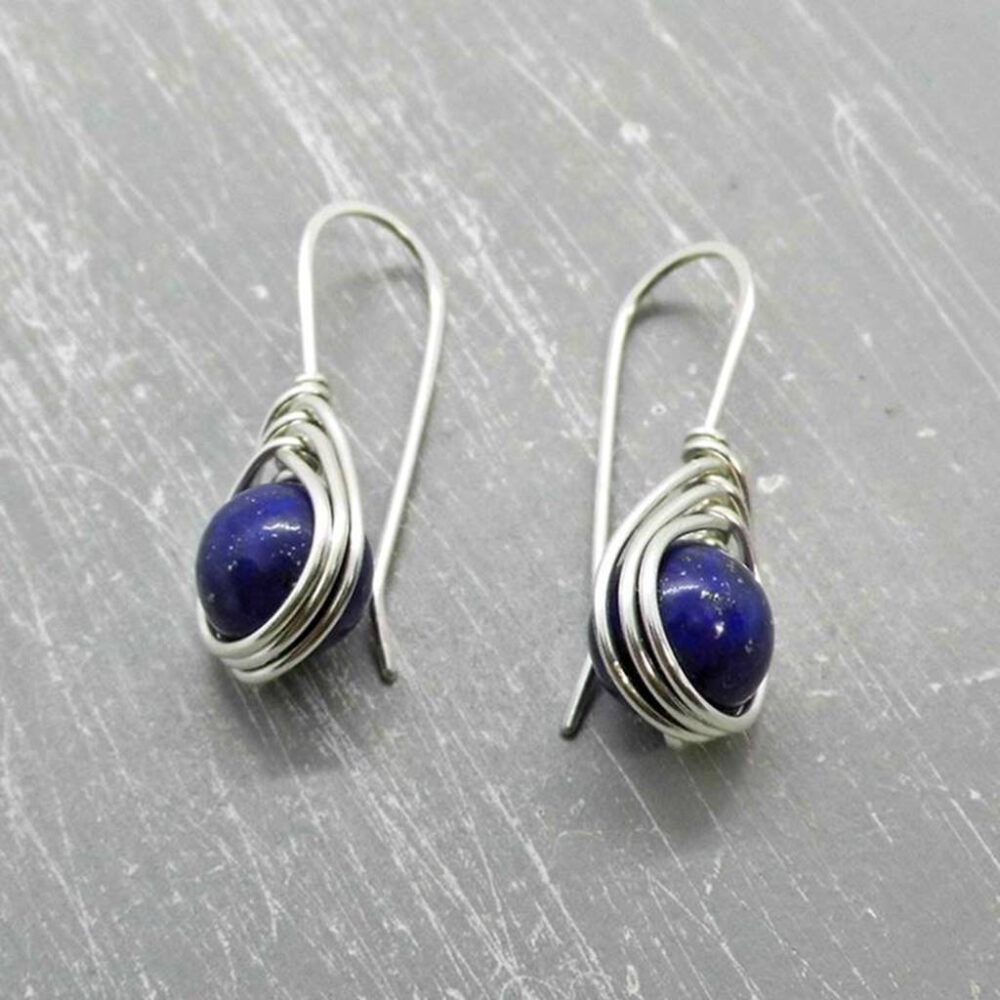 ohrhaenger-edelsteinperle-wire-wrapping Lapislazuli Edelstein Ohrhänger 935 Silber