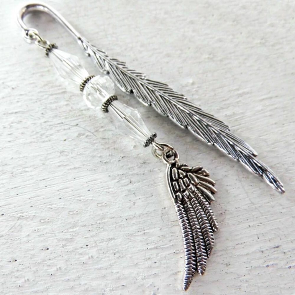 Lesezeichen Feder mit Flügel silber