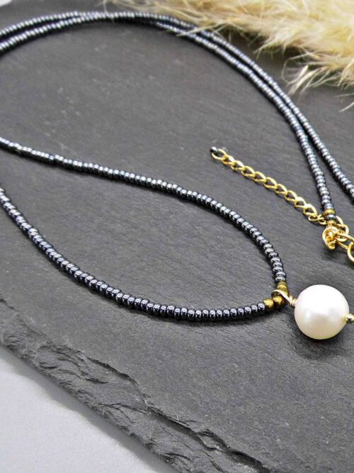 suesswasserperle-anhaenger-12mm-perlenkette Kette anthrazit mit Süsswasser Perle