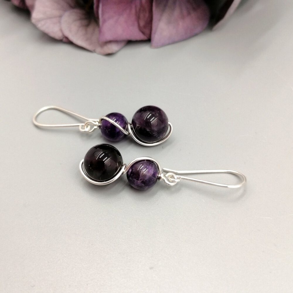 Silber Ohrringe mit engefassten Amethyst Perlen Ohrhänger Amethyst Duo 935 Silber