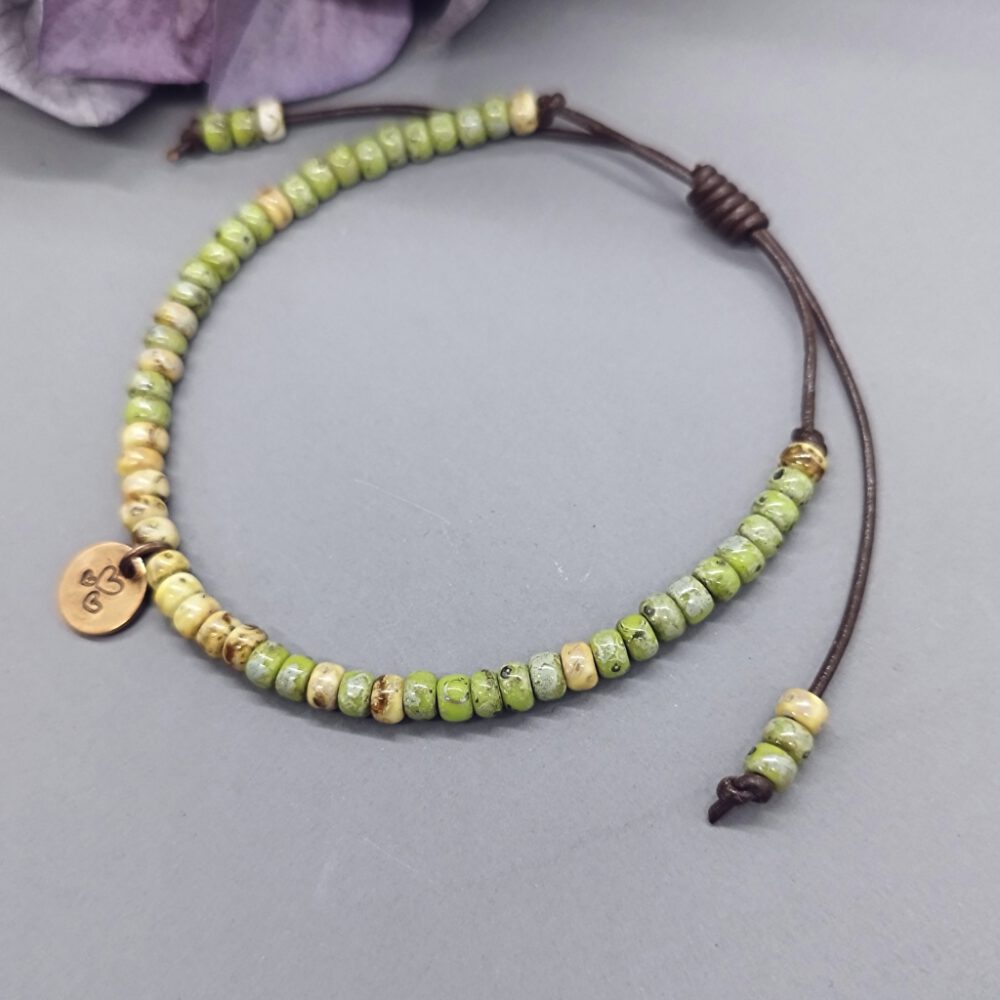 Miyuki Leder Armband grün-gelb