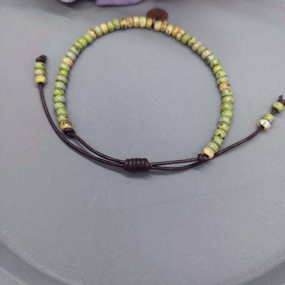 Miyuki Leder Armband grün-gelb
