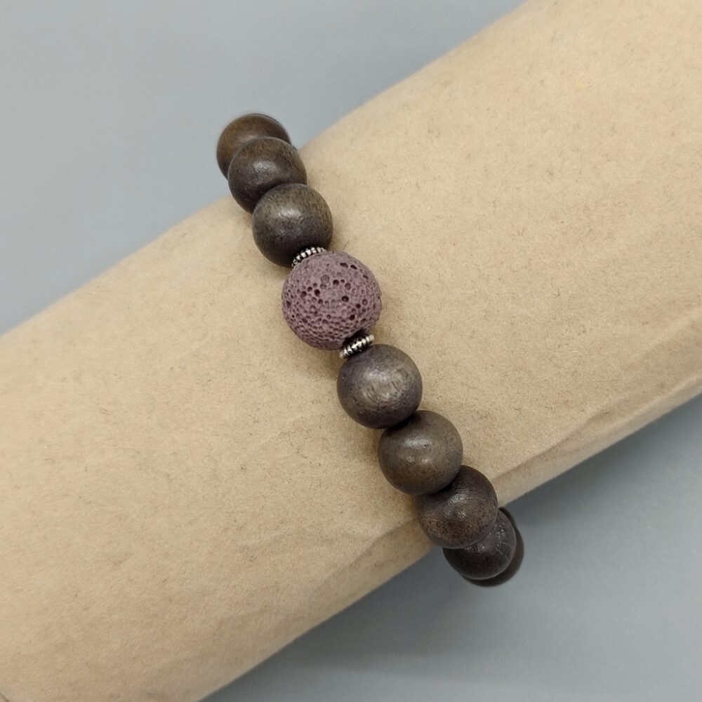 Armband Holzperlen + Lavaperle grau rosa