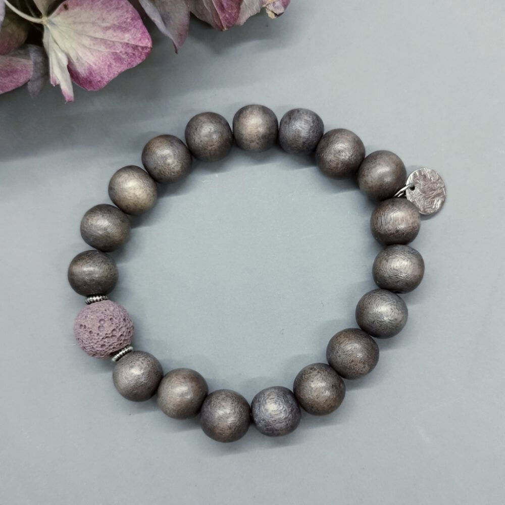Armband Holzperlen + Lavaperle grau rosa
