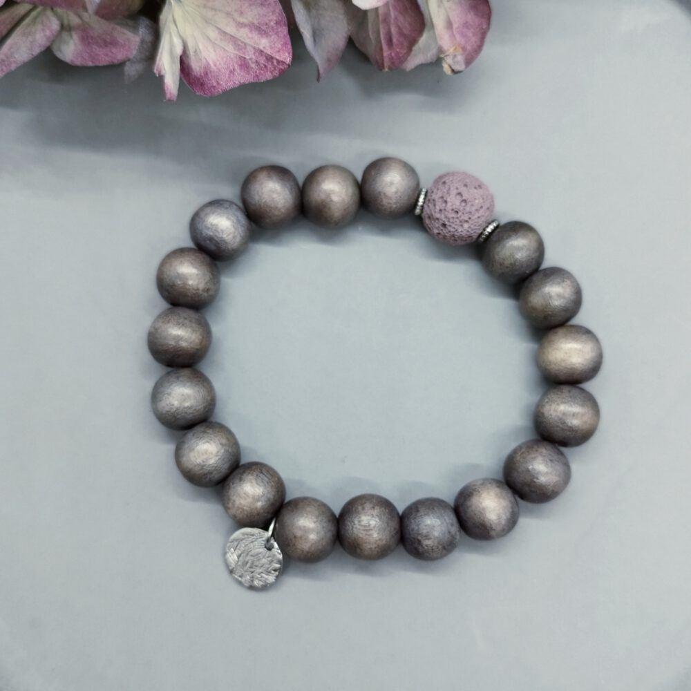 Armband Holzperlen + Lavaperle grau rosa