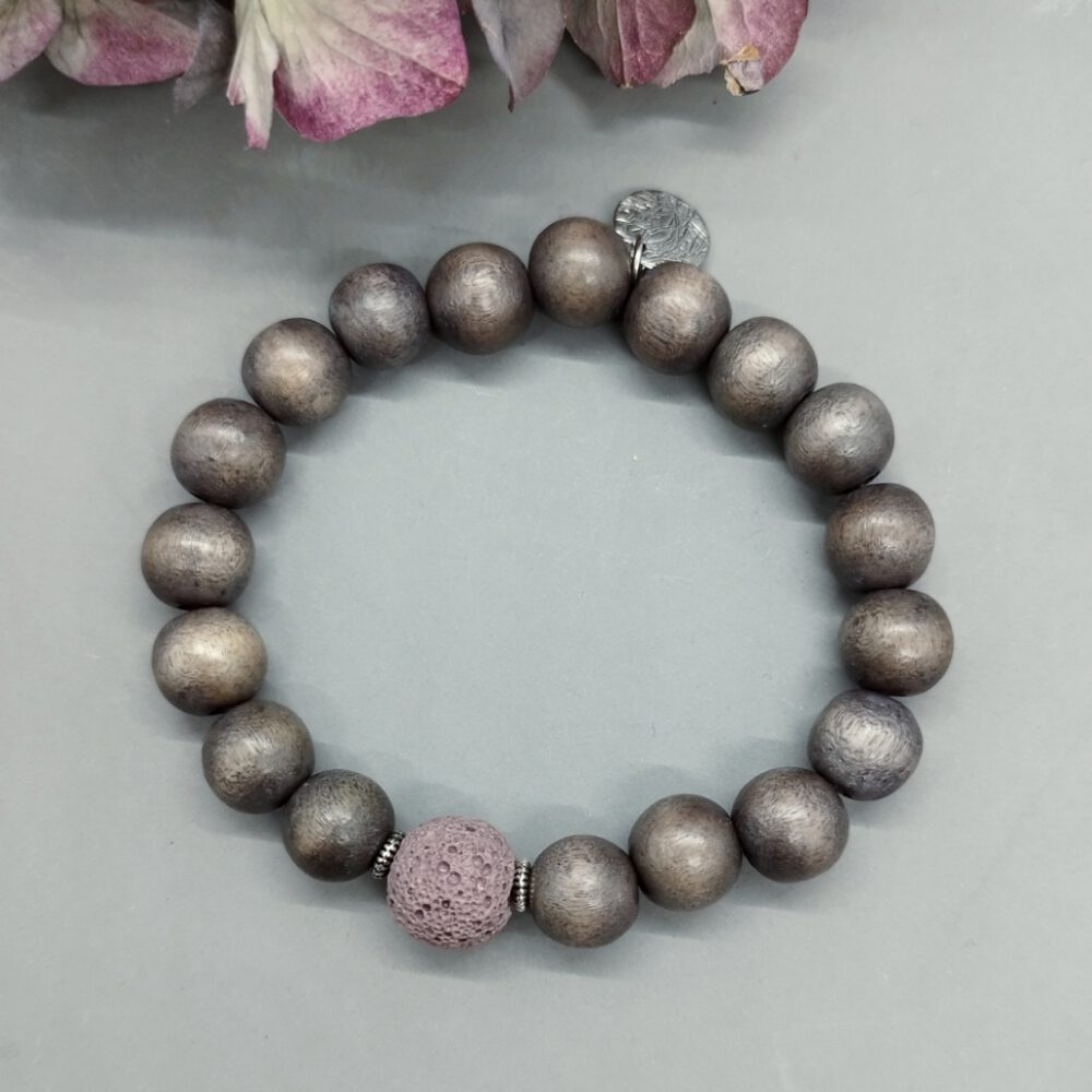 Armband Holzperlen + Lavaperle grau rosa