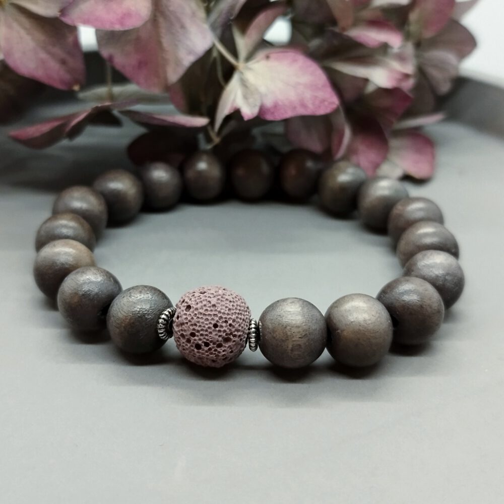 Armband Holzperlen + Lavaperle grau rosa