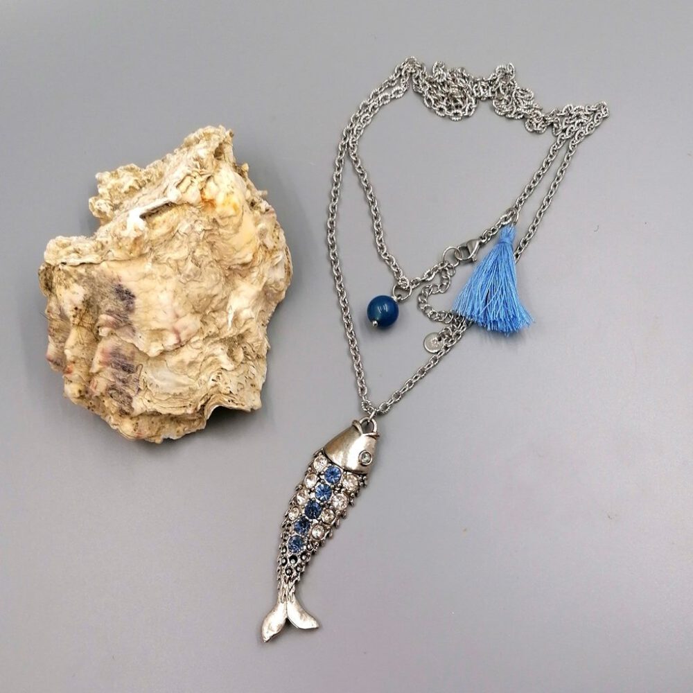 Lange Fisch-Kette mit Strass & Achat
