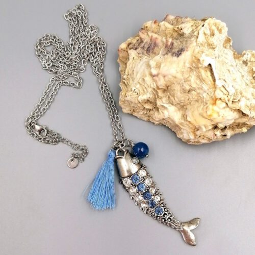 Lange Fisch-Kette mit Strass & Achat