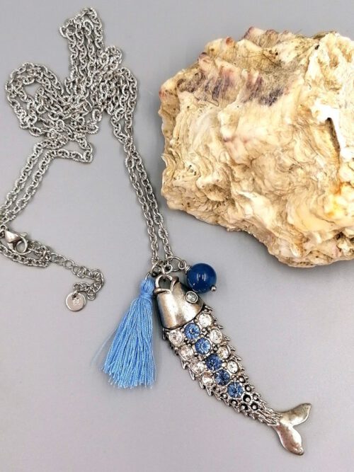 Handgefertigte Edelstahlkette mit Fischanhänger Lange Fisch-Kette mit Strass & Achat