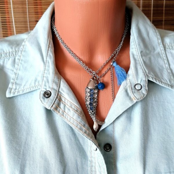 Lange Fisch-Kette mit Strass & Achat