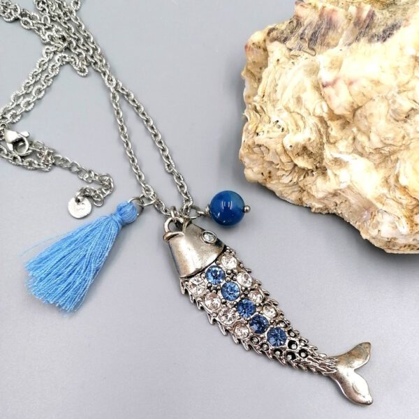 Lange Fisch-Kette mit Strass & Achat