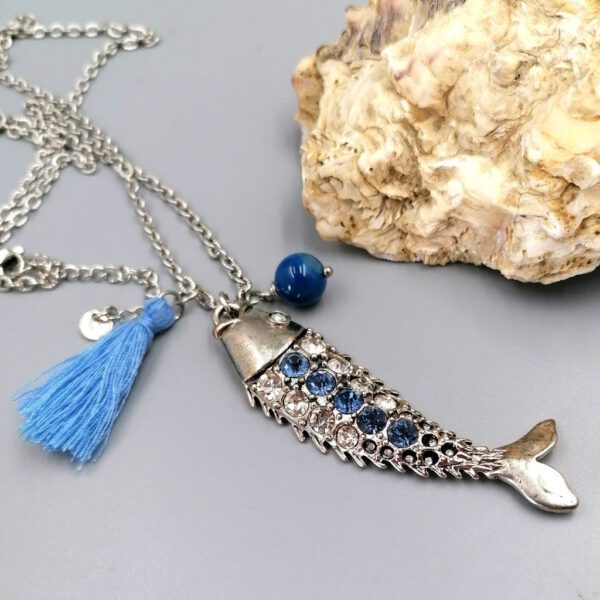 Lange Fisch-Kette mit Strass & Achat