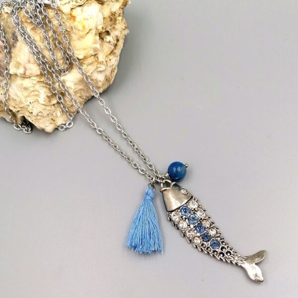 Lange Fisch-Kette mit Strass & Achat