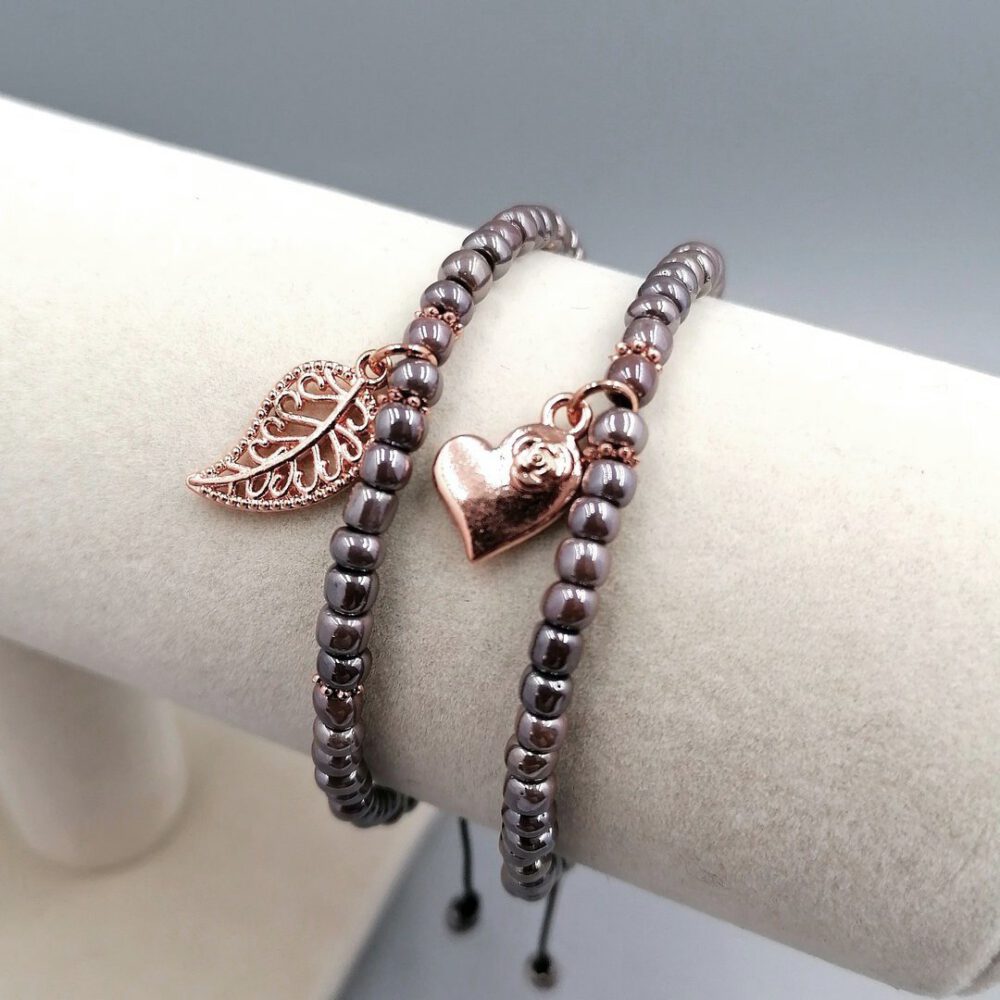 Armband taupe & roségold Blatt Anhänger
