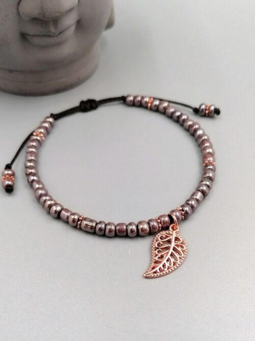 Armband taupe & roségold Blatt Anhänger