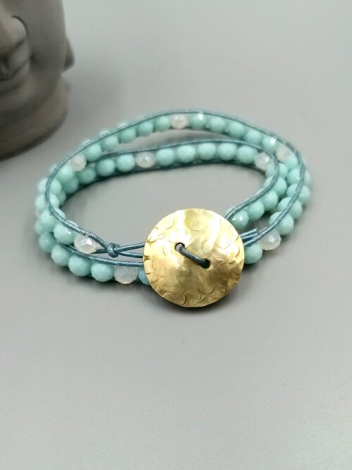 Leder Wickelarmband türkis, Messingknopf