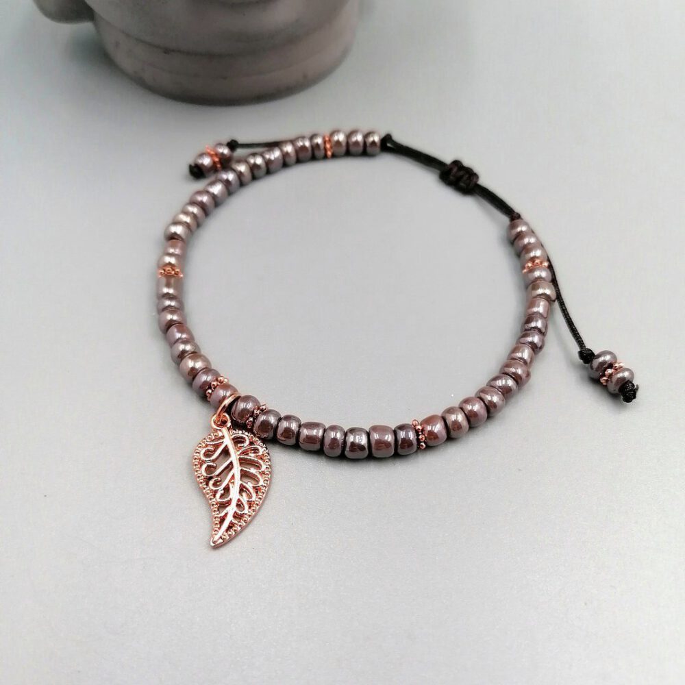 Armband taupe & roségold Blatt Anhänger