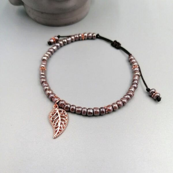 Armband taupe & roségold Blatt Anhänger