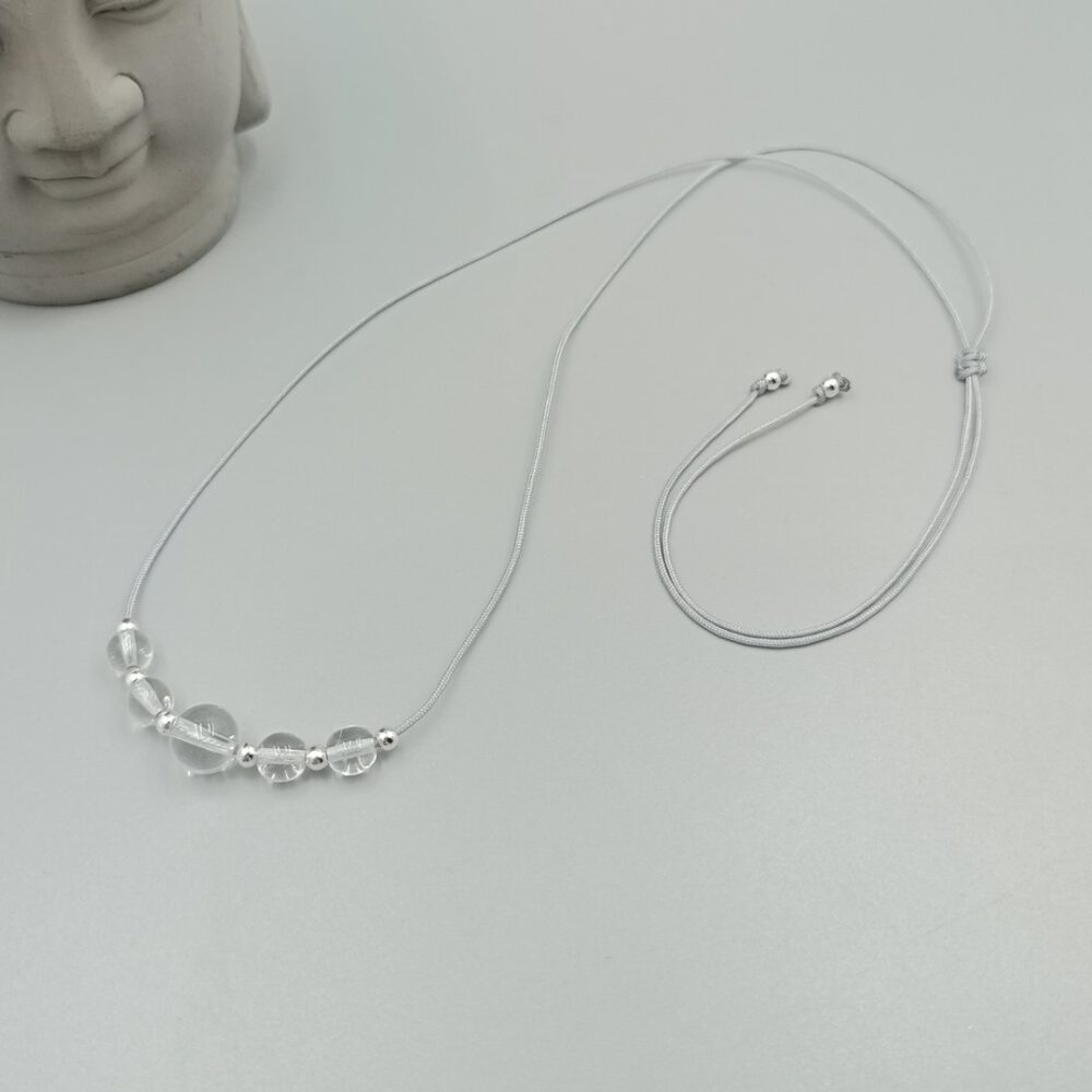 Kette mit verstellbarem Ziehverschluss, Länge 70 cm Zarte Bergkristall Kette mit Edelstahlperlen
