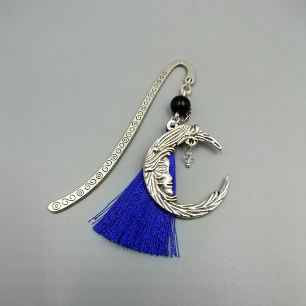 Lesezeichen Moon blau silber mit Blauflussperle Lesezeichen Mond mit Blaufluss & Quaste
